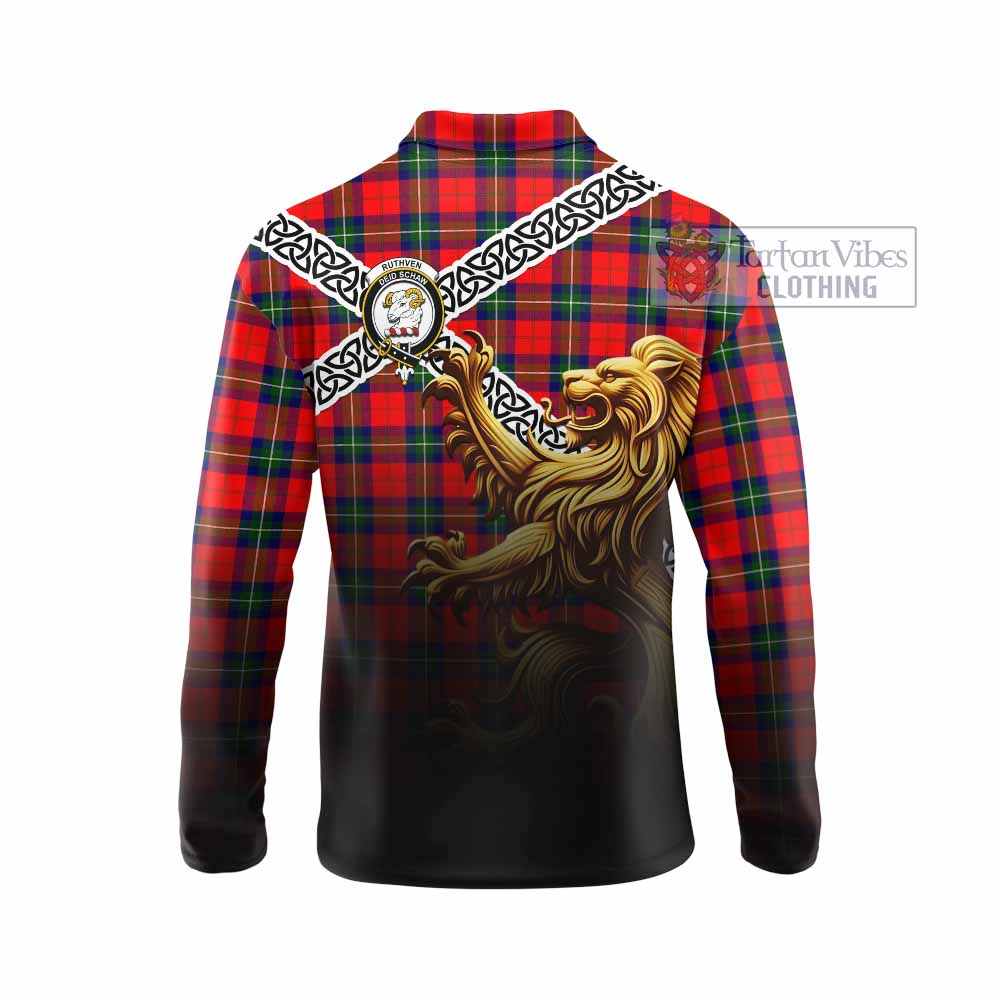 Ruthven Crest Tartan Long Sleeve Polo Shirt with Golden Lion Emblem Celtic Style - Tartan Vibes Clothing