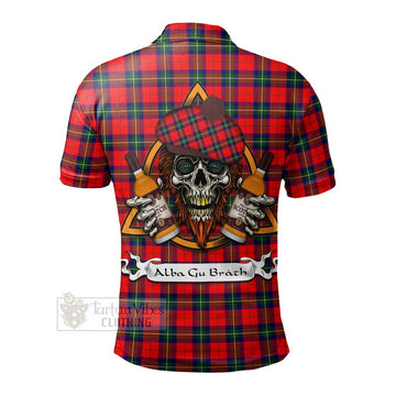 Ruthven Tartan Polo Shirt with Family Crest and Bearded Skull Holding Bottles of Whiskey - Tartan Vibes Clothing