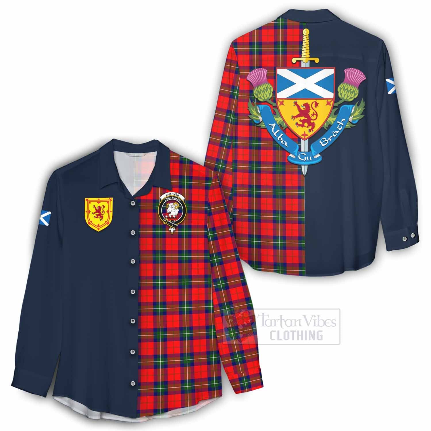 Ruthven Tartan Women's Casual Shirt Alba with Scottish Lion Royal Arm Half Style - Tartan Vibes Clothing