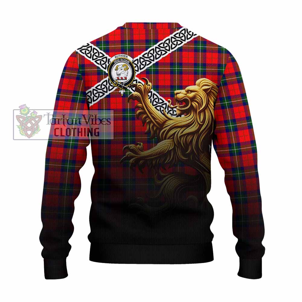 Ruthven Crest Tartan Knitted Sweater with Golden Lion Emblem Celtic Style - Tartan Vibes Clothing