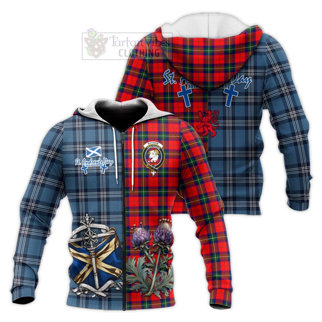 Ruthven Tartan Knitted Hoodie Happy St. Andrew's Day Half Tartan Style Unisex Knitted Zip Hoodie - Tartan Vibes Clothing