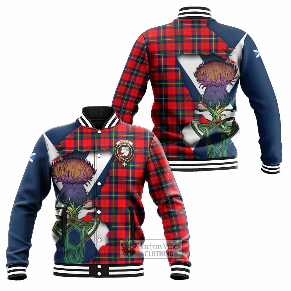 Tartan Vibes Clothing Ruthven Tartan Family Crest Baseball Jacket Scottish Thistle Celtic Inspired