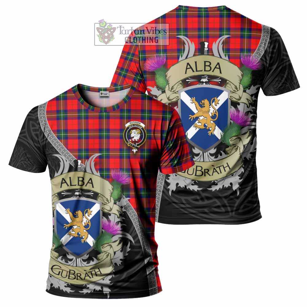 Ruthven Tartan Family Crest T-Shirt Lion Rampant Royal Thistle Shield Celtic Inspired - Tartan Vibes Clothing