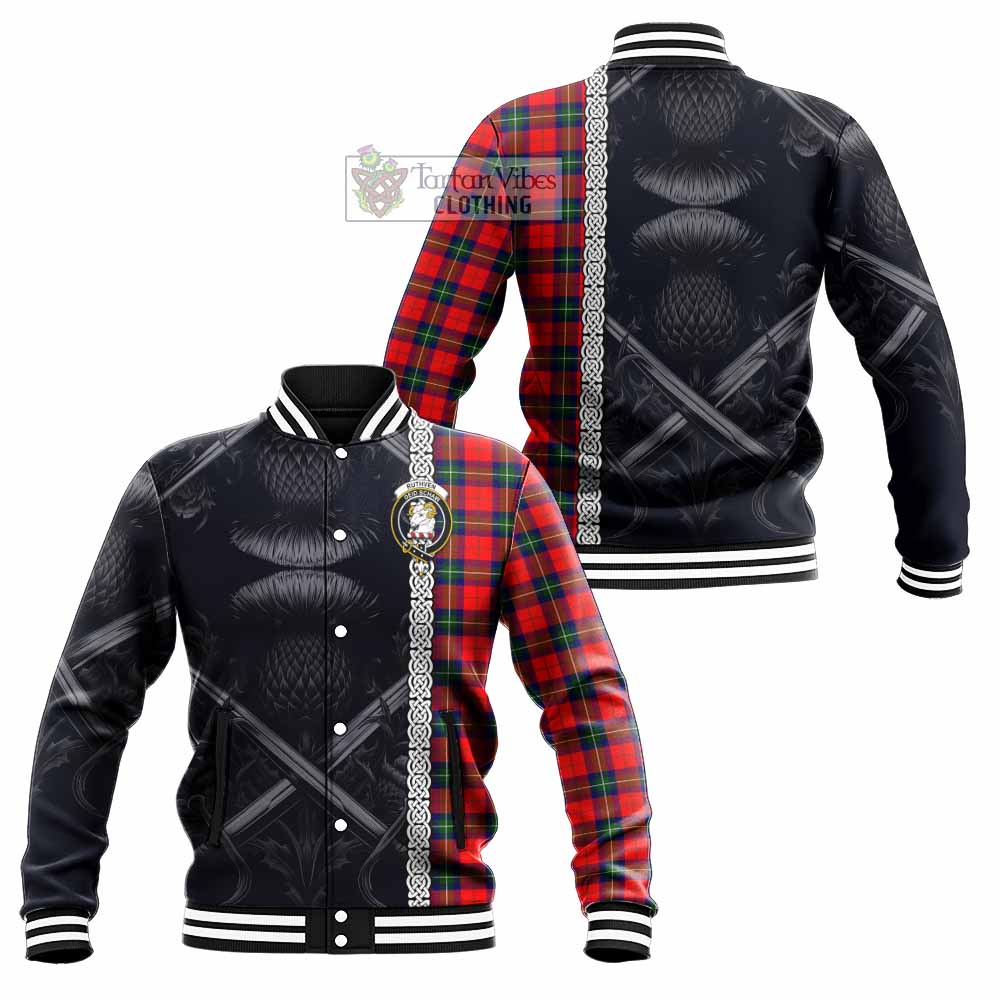Ruthven Tartan Baseball Jacket with Family Crest Cross Sword Thistle Celtic Vibes - Tartan Vibes Clothing