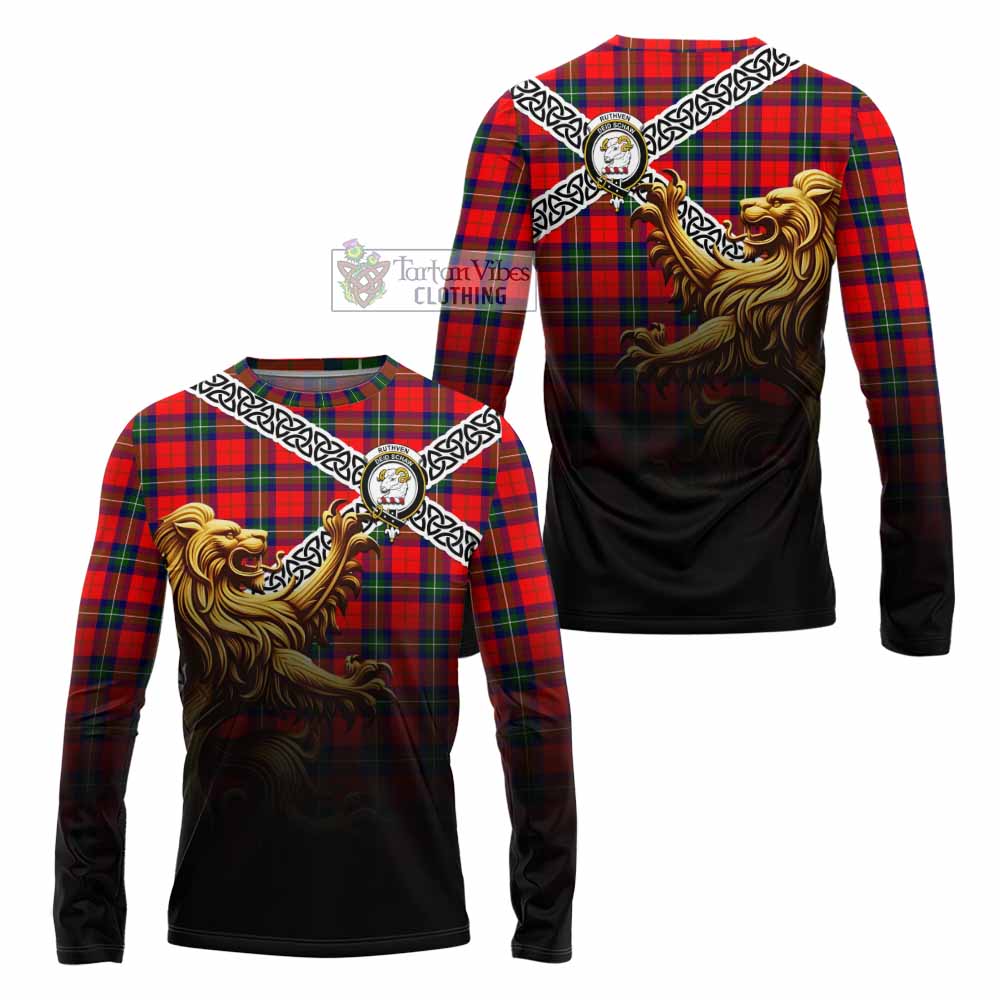 Ruthven Crest Tartan Long Sleeve T-Shirt with Golden Lion Emblem Celtic Style - Tartan Vibes Clothing