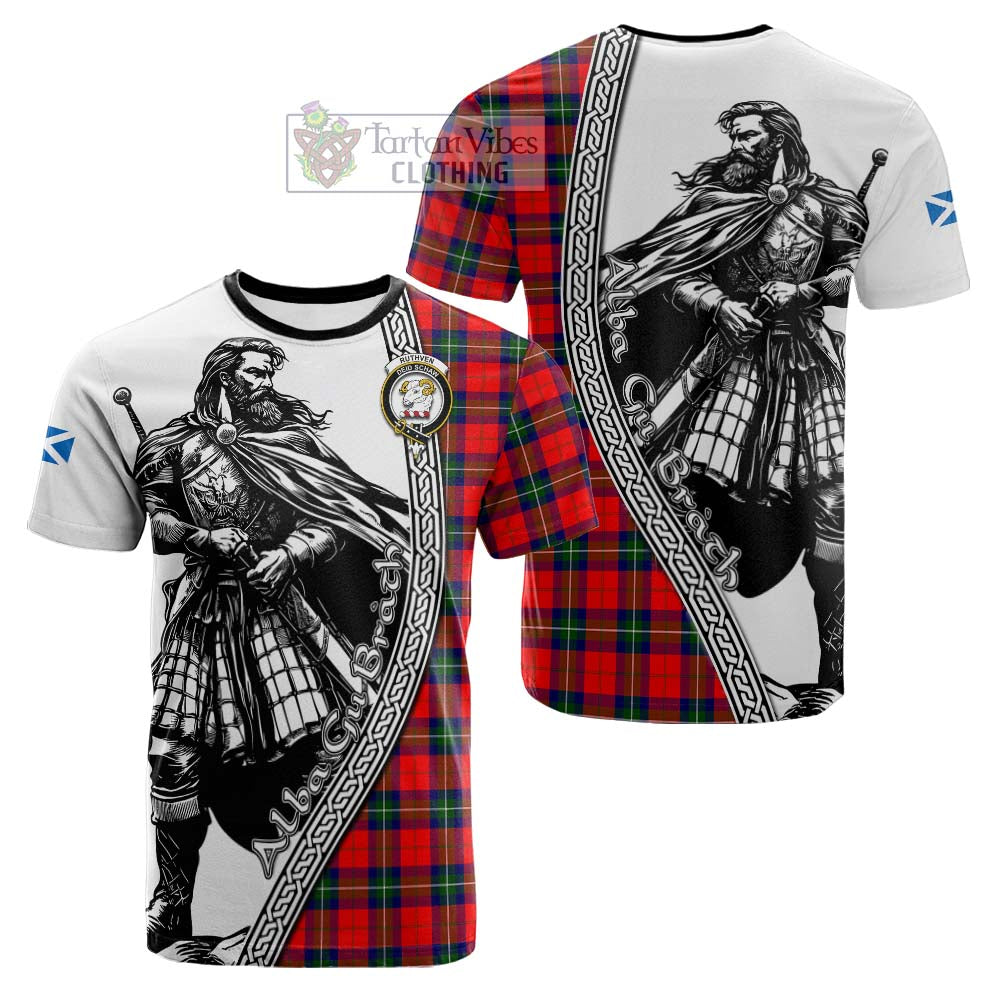 Ruthven Tartan Clan Crest Cotton T-shirt with Highlander Warrior Celtic Style - Tartan Vibes Clothing