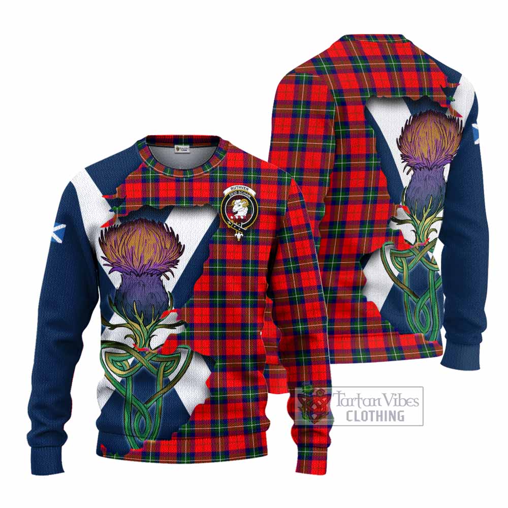 Tartan Vibes Clothing Ruthven Tartan Family Crest Knitted Sweater Scottish Thistle Celtic Inspired