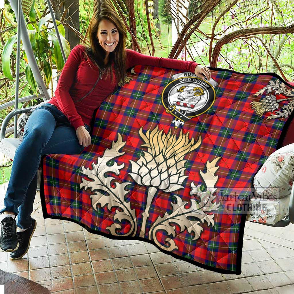 Tartan Vibes Clothing Ruthven Tartan Quilt with Family Crest and Golden Thistle Style