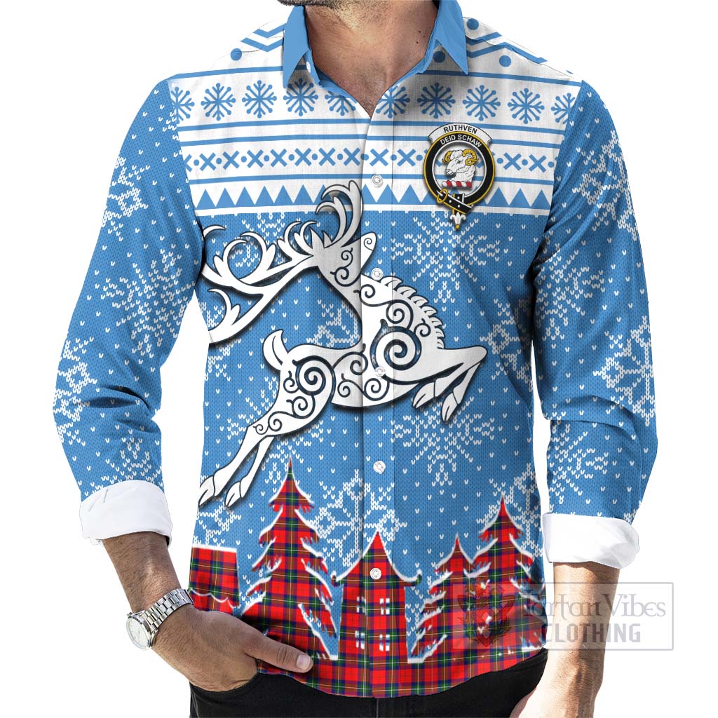Ruthven Clan Christmas Long Sleeve Button Shirt Celtic Reindeer Style - Tartan Vibes Clothing