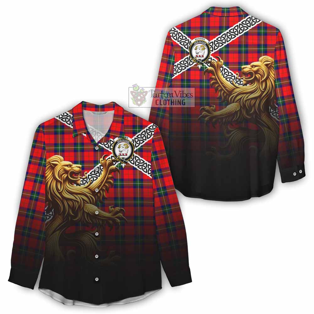 Ruthven Crest Tartan Women's Casual Shirt with Golden Lion Emblem Celtic Style - Tartan Vibes Clothing