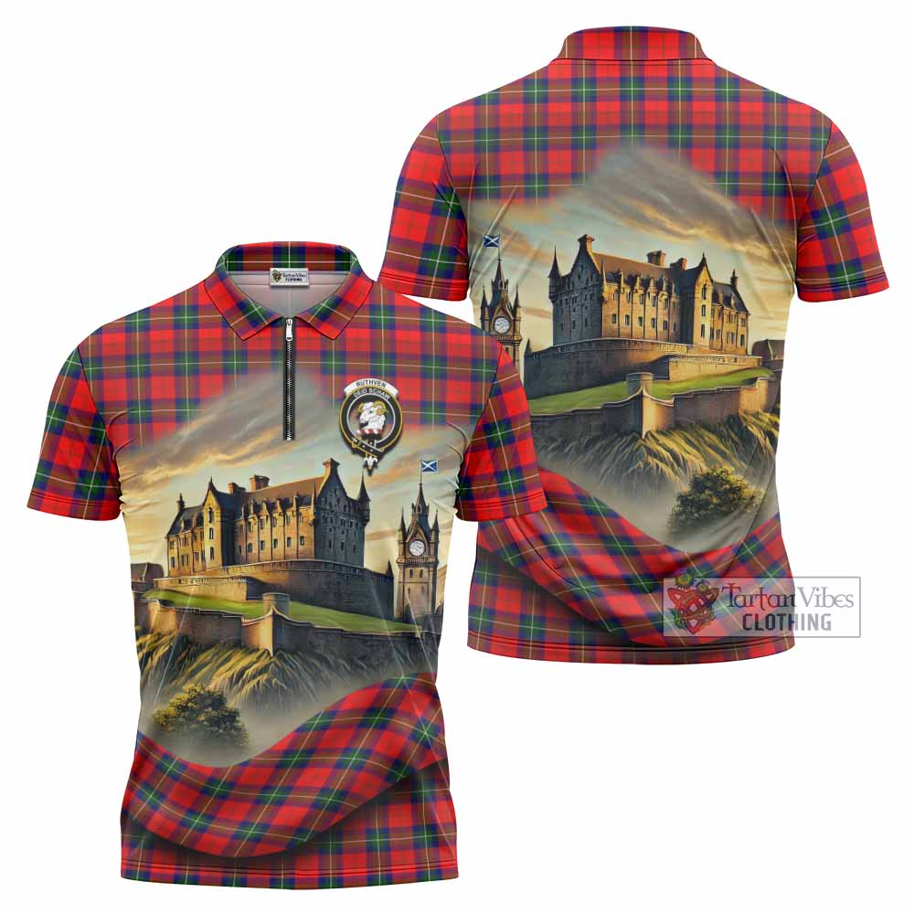 Ruthven Tartan Family Crest Zipper Polo Shirt with Scottish Ancient Castle Style - Tartan Vibes Clothing