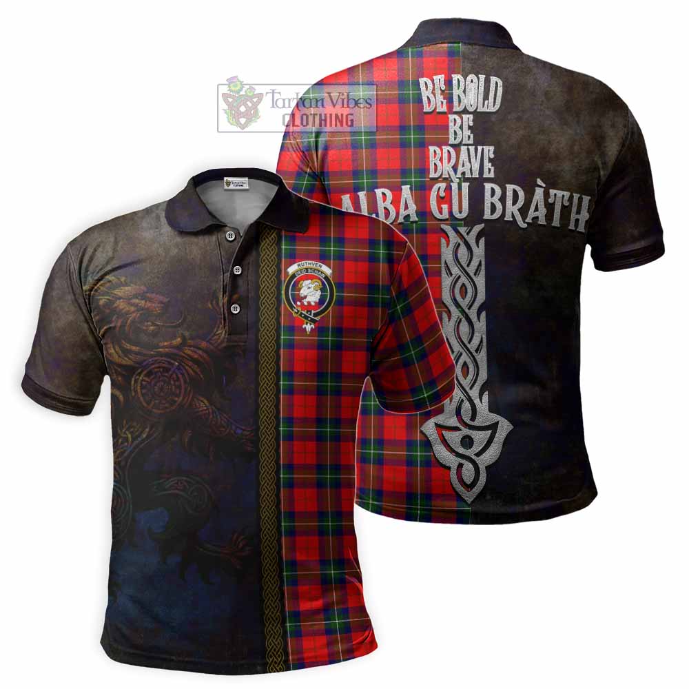 Ruthven Tartan Family Crest Polo Shirt Alba Gu Brath Be Brave Lion Ancient Style - Tartan Vibes Clothing