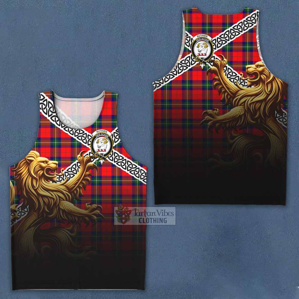 Ruthven Crest Tartan Men's Tank Top with Golden Lion Emblem Celtic Style - Tartan Vibes Clothing