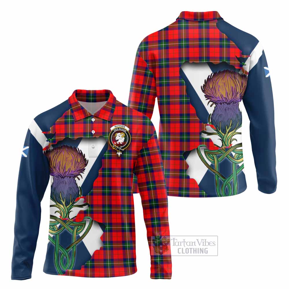 Tartan Vibes Clothing Ruthven Tartan Family Crest Long Sleeve Polo Shirt Scottish Thistle Celtic Inspired