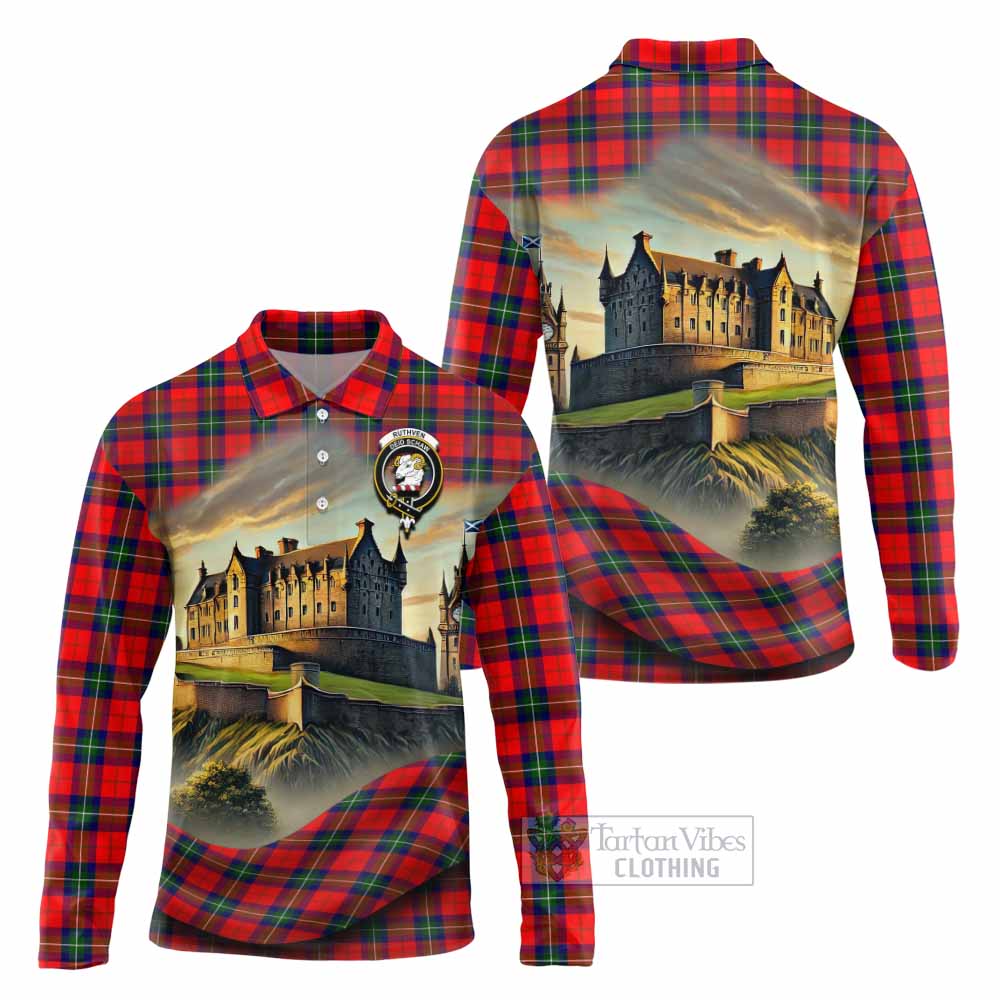 Ruthven Tartan Family Crest Long Sleeve Polo Shirt with Scottish Ancient Castle Style - Tartan Vibes Clothing