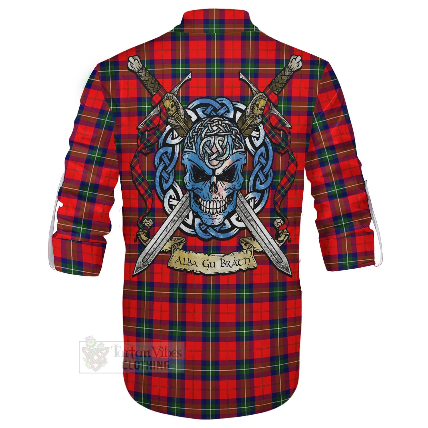 Ruthven Tartan Ghillie Kilt Shirt with Family Crest Celtic Skull Style - Tartan Vibes Clothing