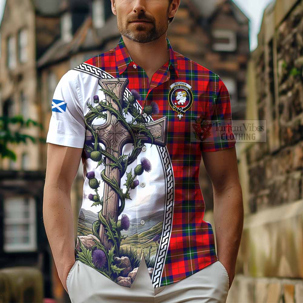 Ruthven Tartan Hawaiian Shirt with Family Crest and St. Andrew's Cross Accented by Thistle Vines - Tartan Vibes Clothing