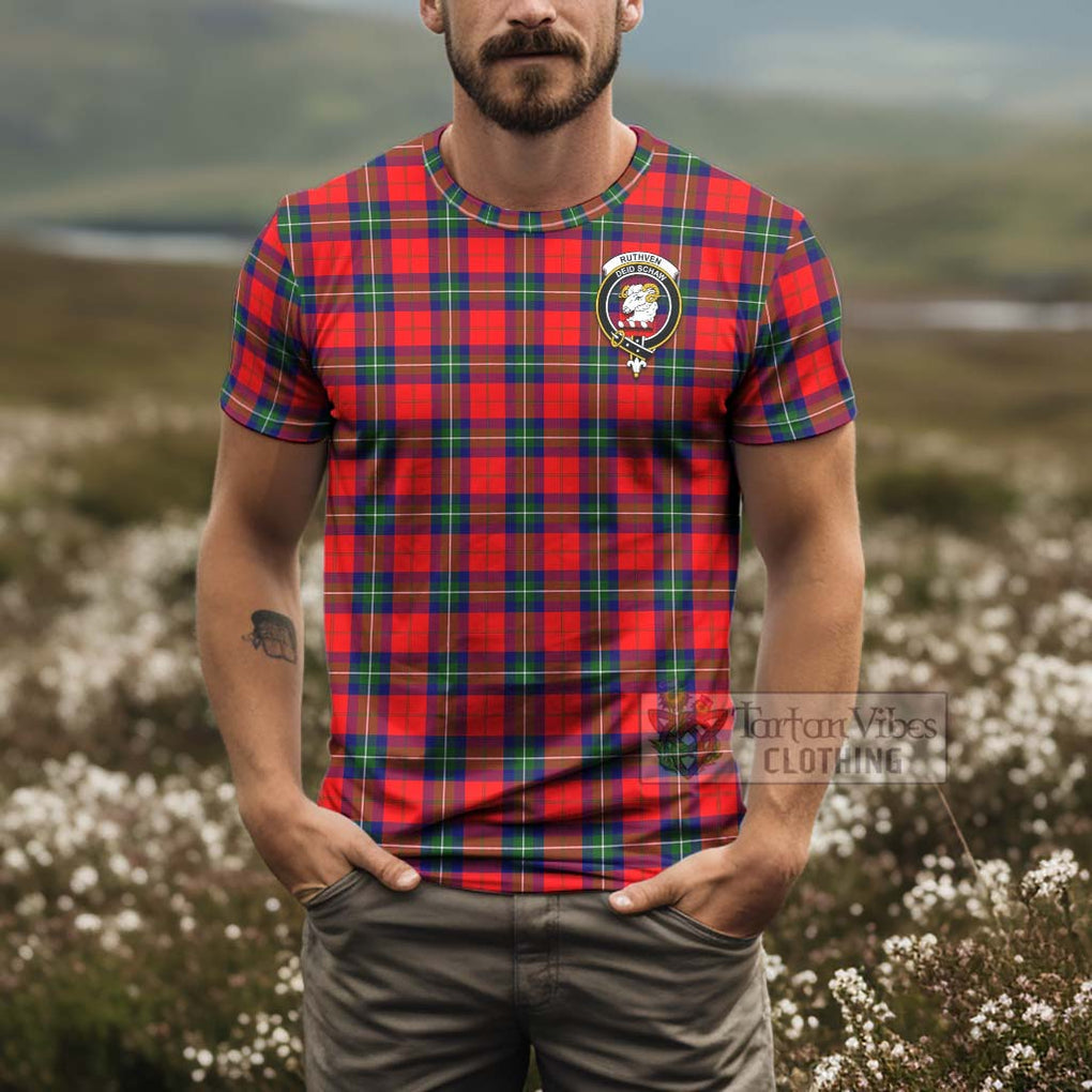 Tartan Vibes Clothing Ruthven Tartan T-Shirt with Family Crest and Bearded Skull Holding Bottles of Whiskey