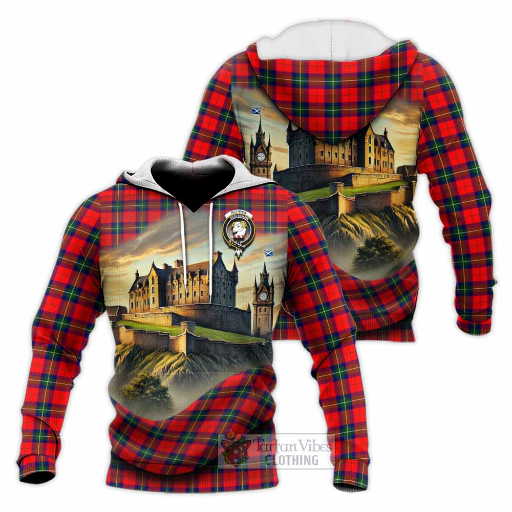 Ruthven Tartan Family Crest Knitted Hoodie with Scottish Ancient Castle Style - Tartan Vibes Clothing