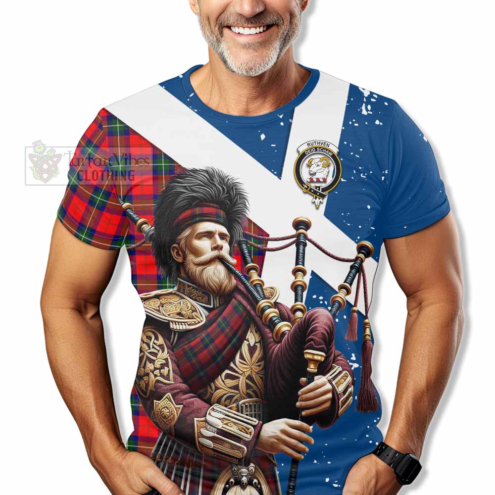 Ruthven Tartan T-Shirt with Family Crest Scottish Bagpiper Vibes - Tartan Vibes Clothing