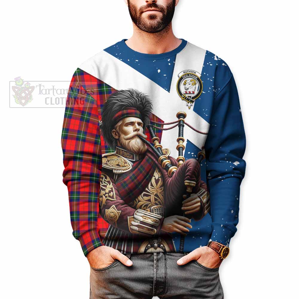 Ruthven Tartan Sweatshirt with Family Crest Scottish Bagpiper Vibes - Tartan Vibes Clothing