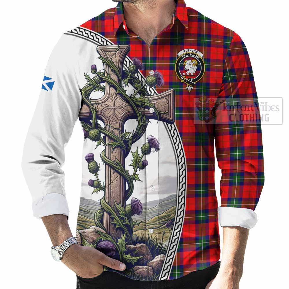 Ruthven Tartan Long Sleeve Button Shirt with Family Crest and St. Andrew's Cross Accented by Thistle Vines - Tartan Vibes Clothing