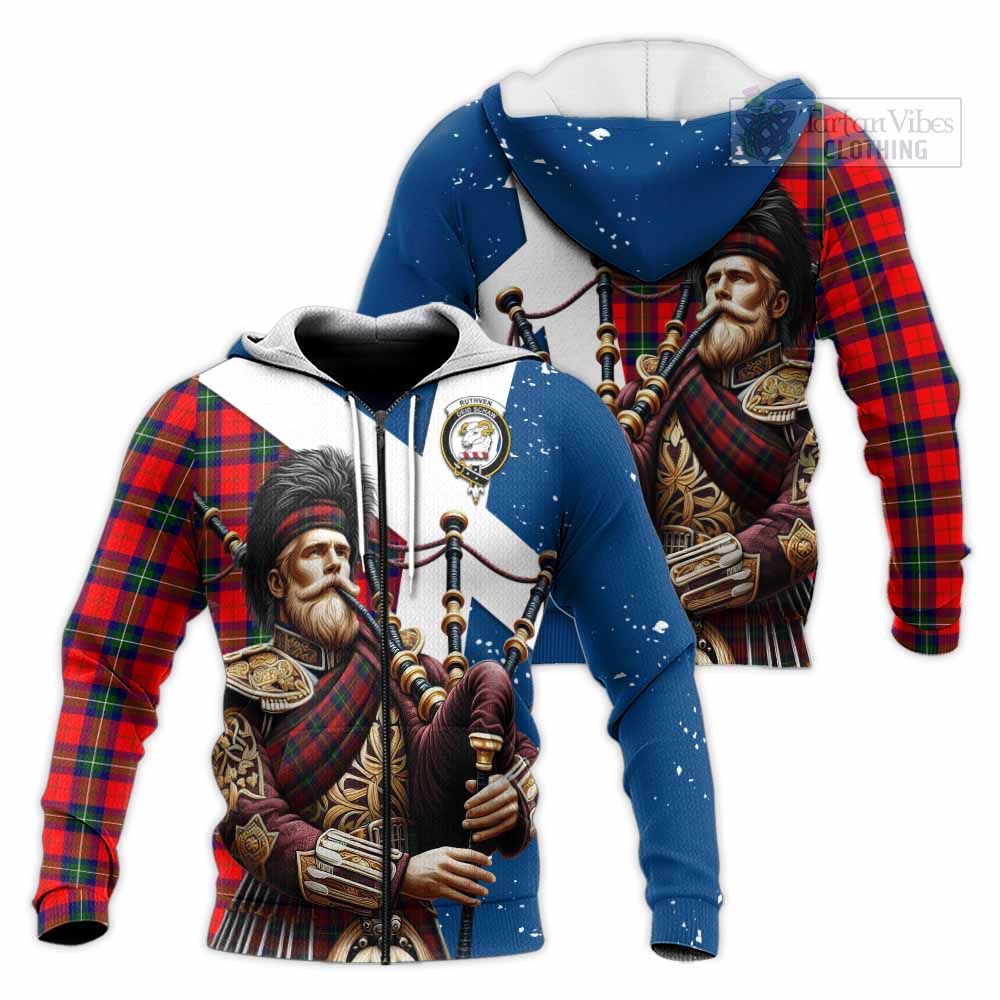 Ruthven Tartan Knitted Hoodie with Family Crest Scottish Bagpiper Vibes Unisex Knitted Zip Hoodie - Tartan Vibes Clothing