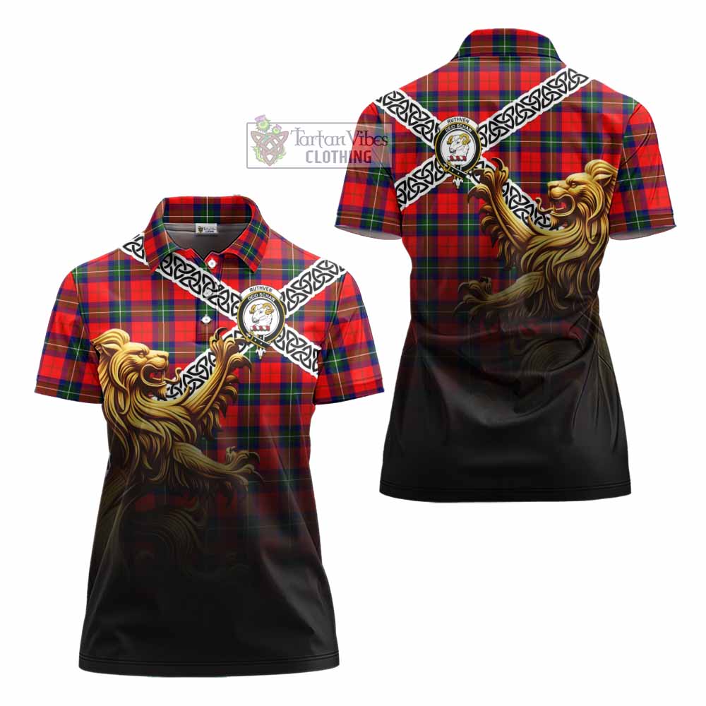 Ruthven Crest Tartan Women's Polo Shirt with Golden Lion Emblem Celtic Style - Tartan Vibes Clothing