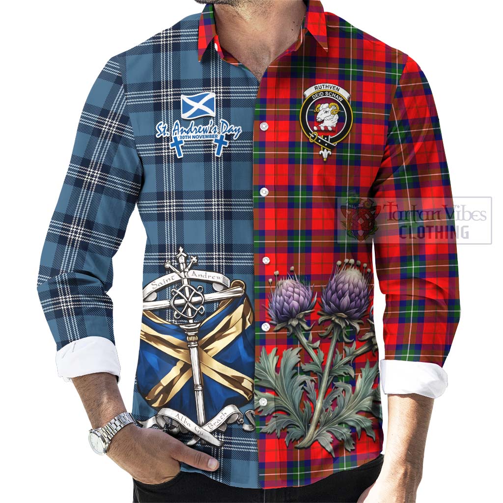 Ruthven Tartan Long Sleeve Button Shirt Happy St. Andrew's Day Half Tartan Style - Tartan Vibes Clothing