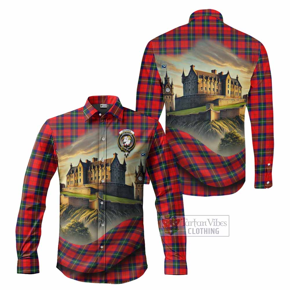 Tartan Vibes Clothing Ruthven Tartan Family Crest Long Sleeve Button Shirt with Scottish Ancient Castle Style