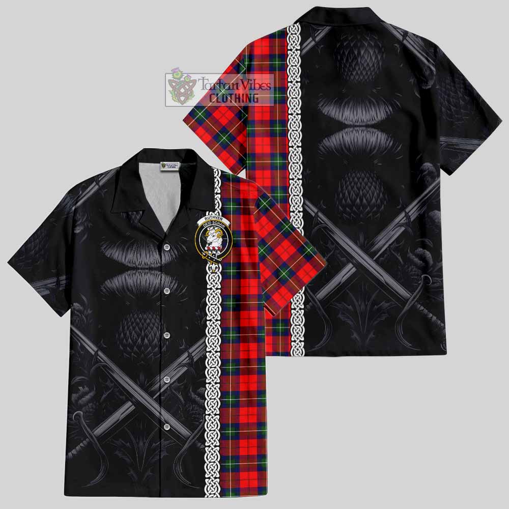 Ruthven Tartan Hawaiian Shirt with Family Crest Cross Sword Thistle Celtic Vibes - Tartan Vibes Clothing