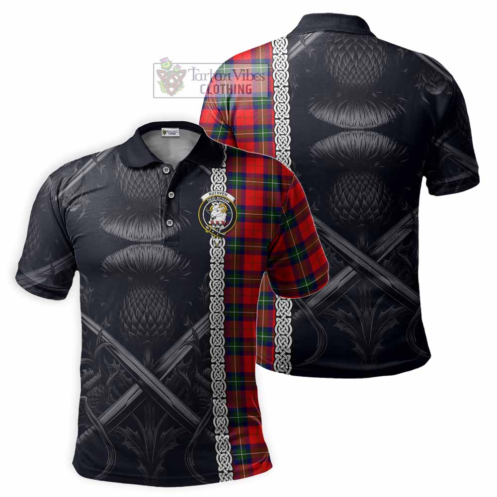 Ruthven Tartan Polo Shirt with Family Crest Cross Sword Thistle Celtic Vibes - Tartan Vibes Clothing