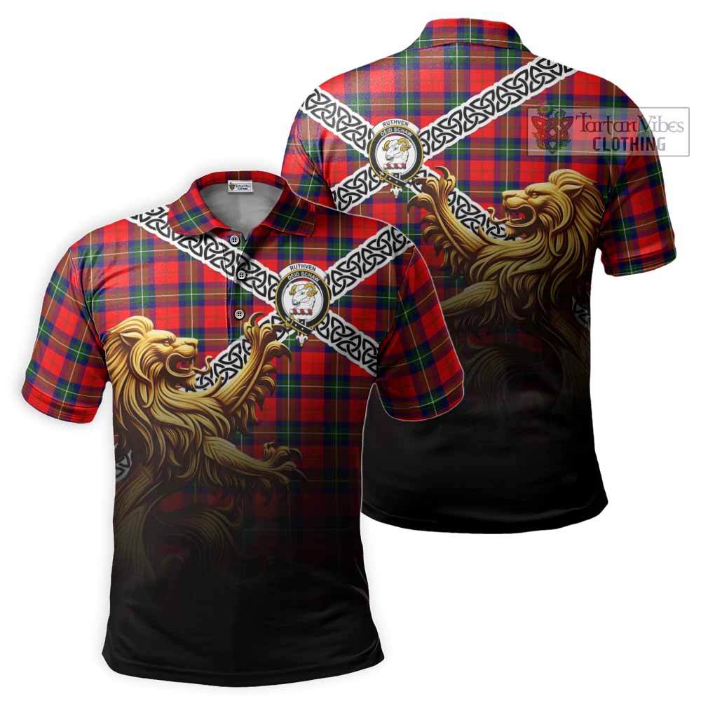 Ruthven Crest Tartan Polo Shirt with Golden Lion Emblem Celtic Style - Tartan Vibes Clothing