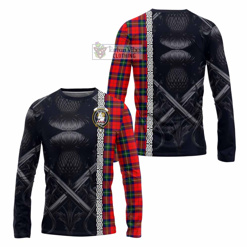 Ruthven Tartan Long Sleeve T-Shirt with Family Crest Cross Sword Thistle Celtic Vibes - Tartan Vibes Clothing
