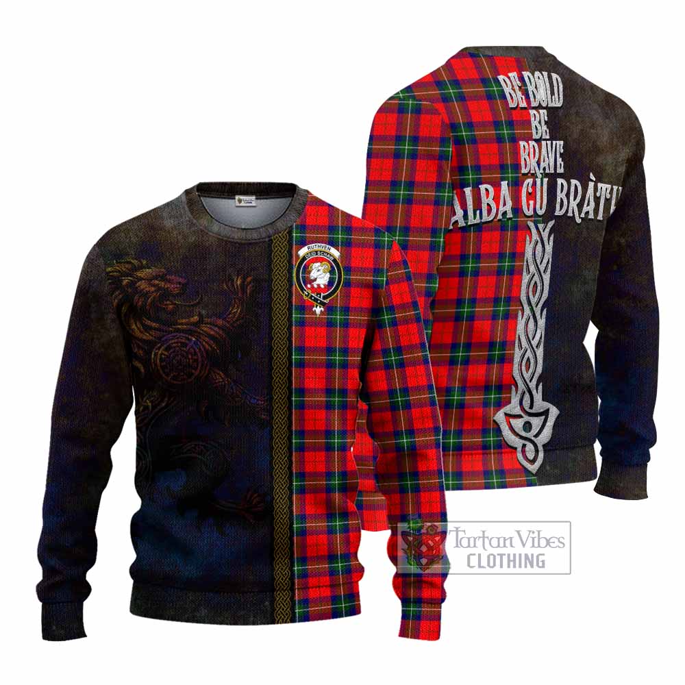 Ruthven Tartan Family Crest Knitted Sweater Alba Gu Brath Be Brave Lion Ancient Style - Tartan Vibes Clothing
