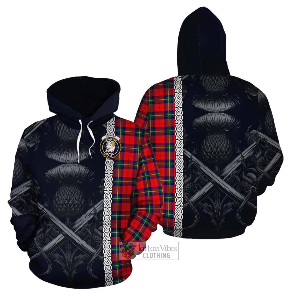 Ruthven Tartan Cotton Hoodie with Family Crest Cross Sword Thistle Celtic Vibes - Tartan Vibes Clothing