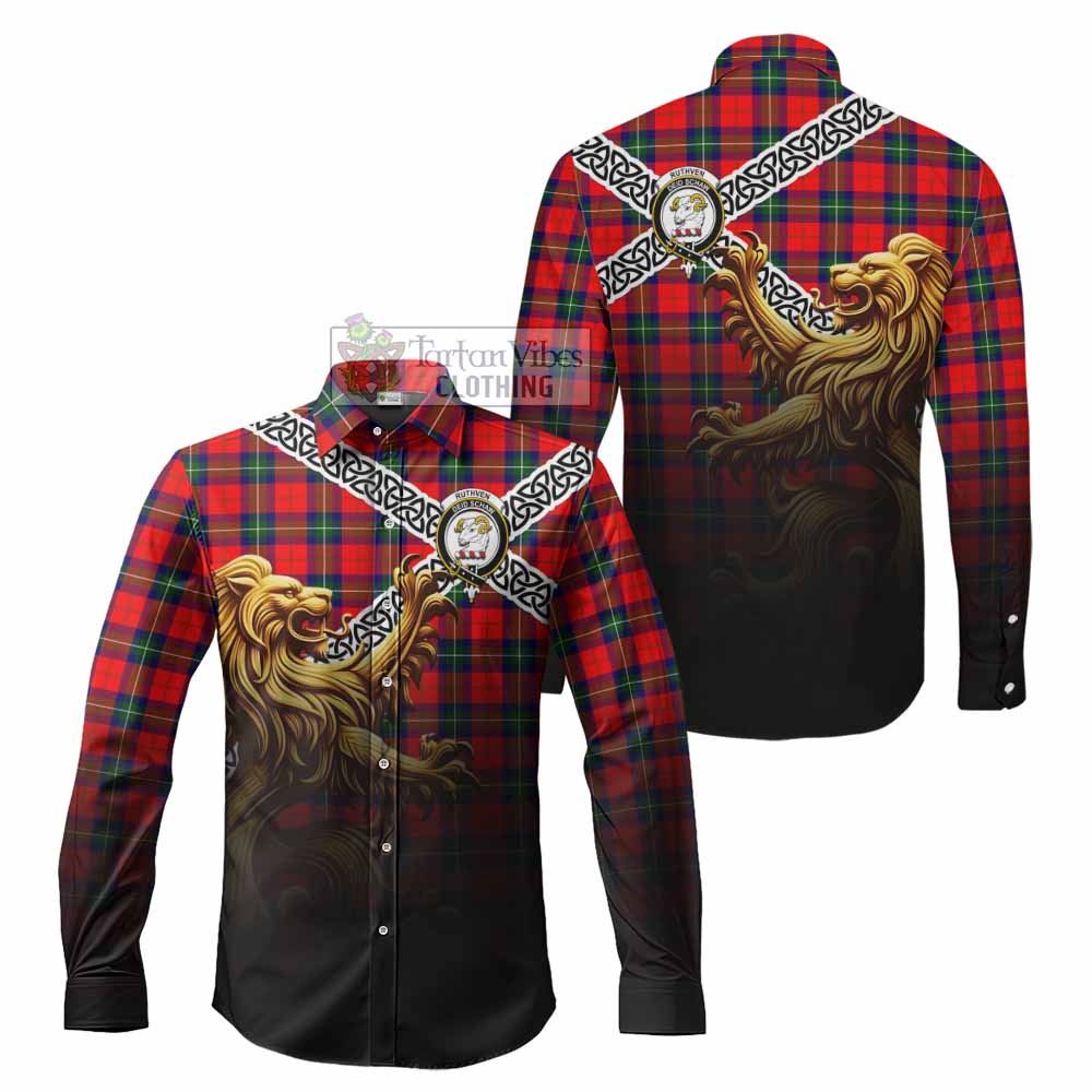 Ruthven Crest Tartan Long Sleeve Button Shirt with Golden Lion Emblem Celtic Style - Tartan Vibes Clothing