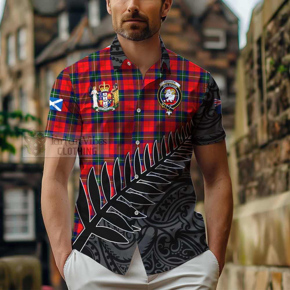 Ruthven Crest Tartan Hawaiian Shirt with New Zealand Silver Fern Half Style - Tartan Vibes Clothing