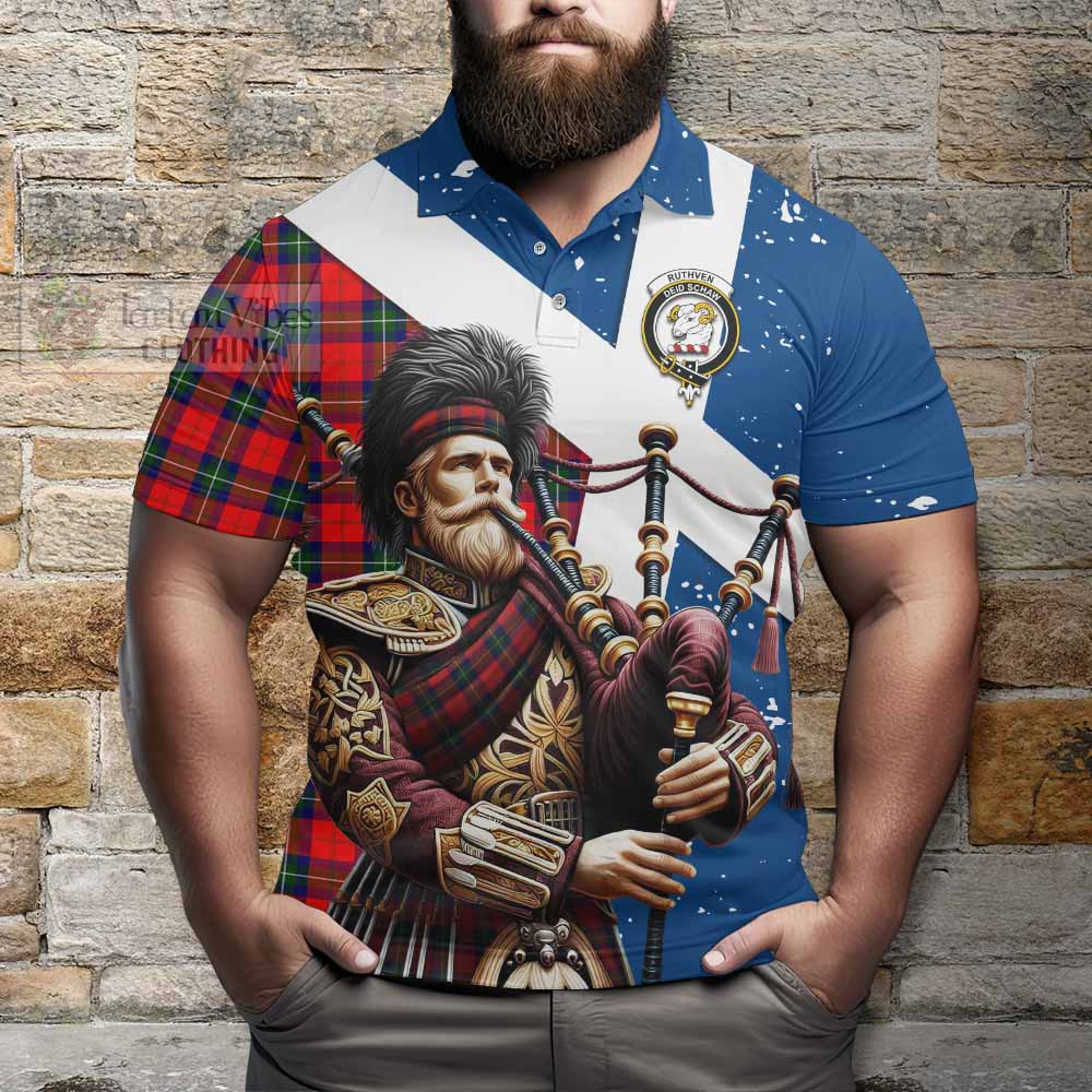 Ruthven Tartan Polo Shirt with Family Crest Scottish Bagpiper Vibes - Tartan Vibes Clothing