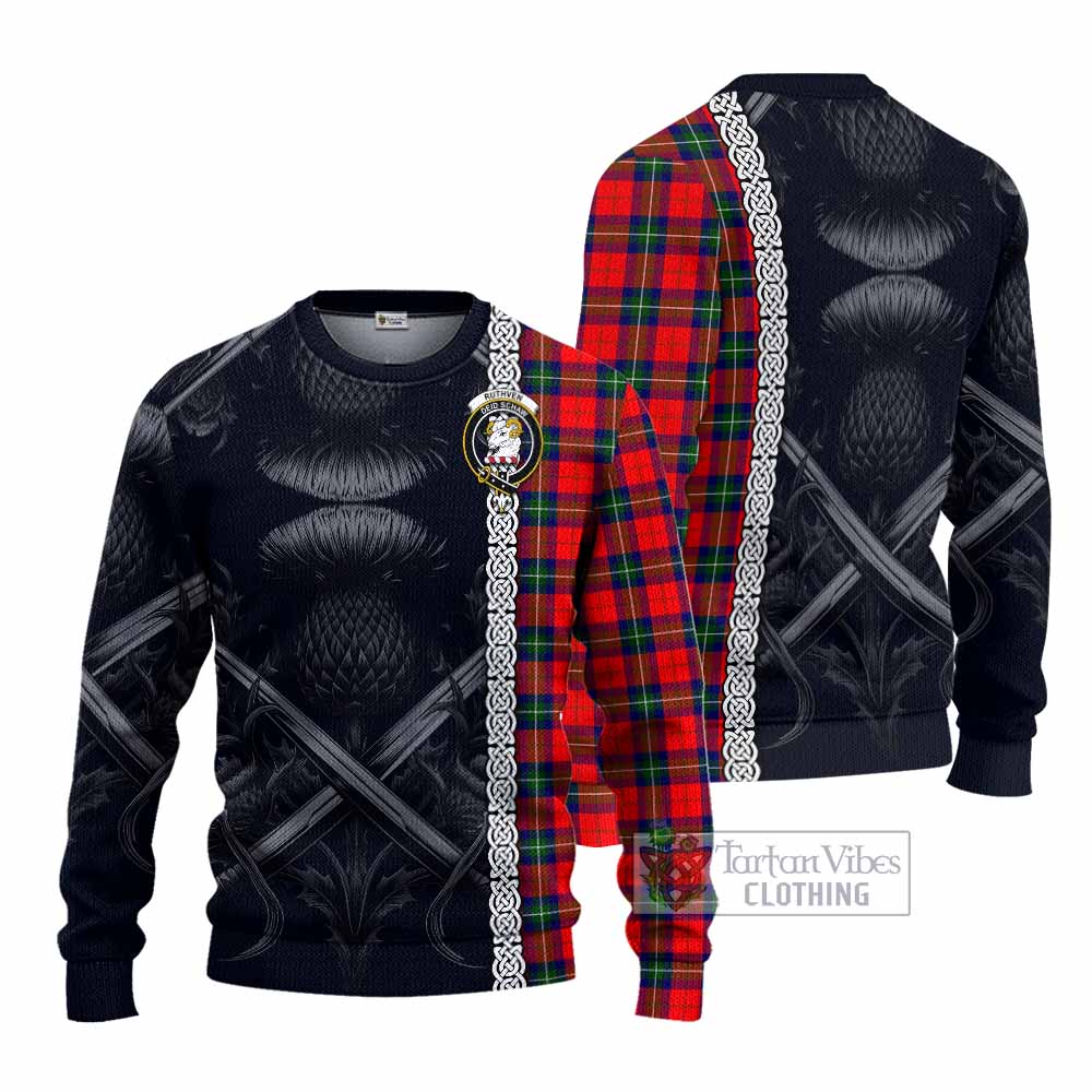 Ruthven Tartan Knitted Sweater with Family Crest Cross Sword Thistle Celtic Vibes - Tartan Vibes Clothing