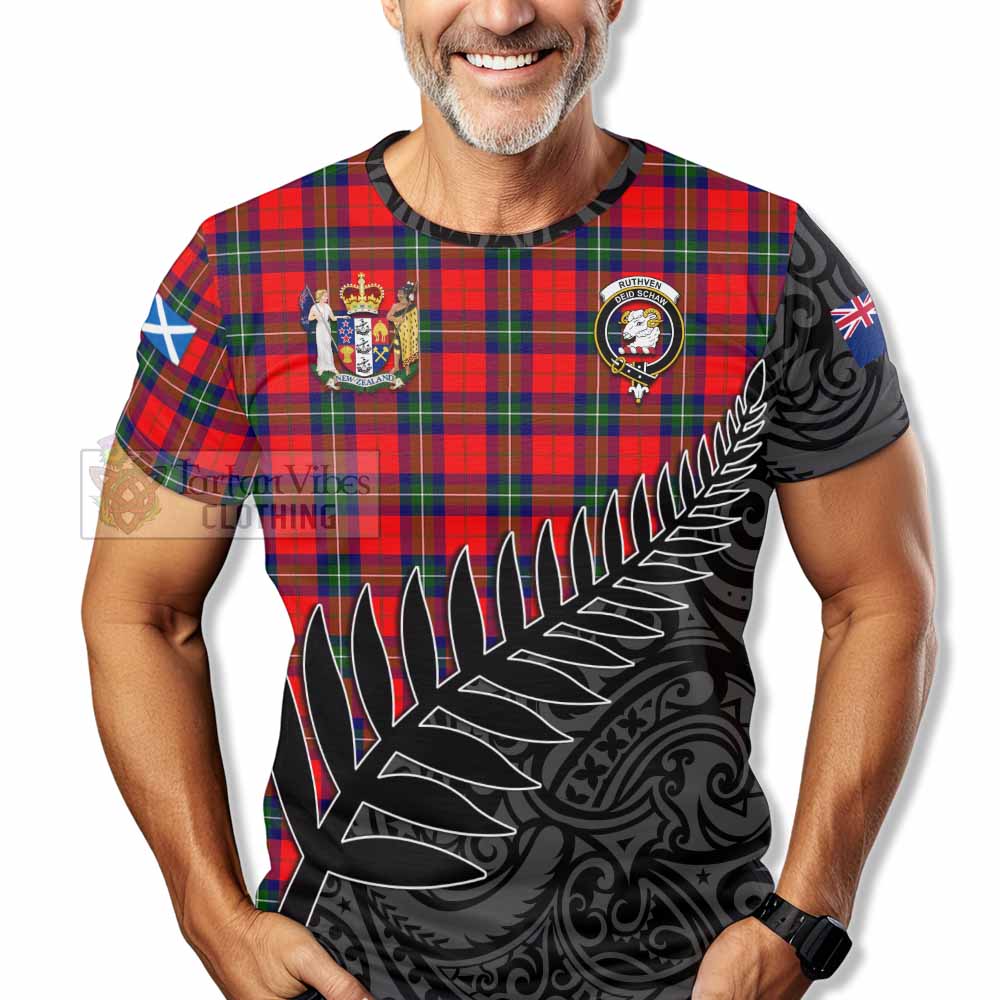 Ruthven Crest Tartan T-Shirt with New Zealand Silver Fern Half Style - Tartan Vibes Clothing