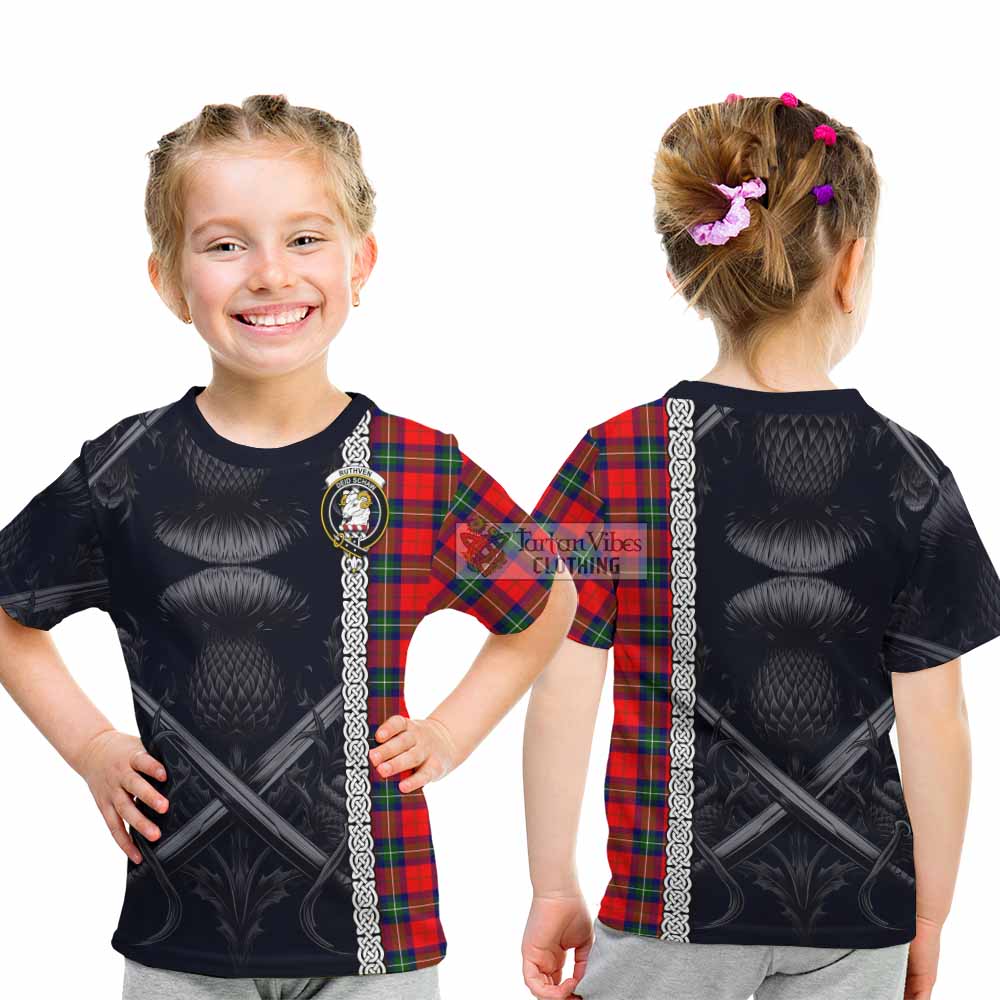 Ruthven Tartan Kid T-Shirt with Family Crest Cross Sword Thistle Celtic Vibes - Tartan Vibes Clothing