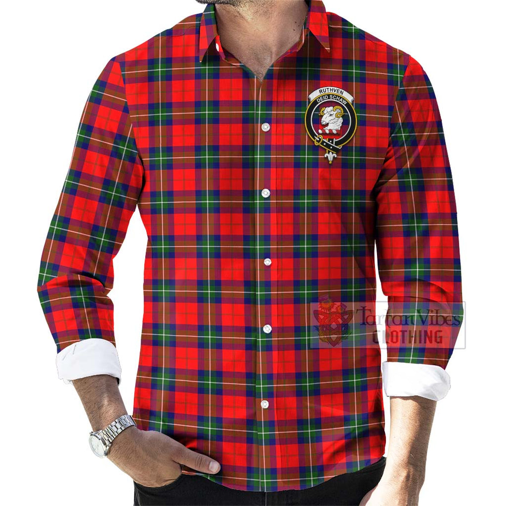 Ruthven Tartan Long Sleeve Button Shirt with Family Crest Celtic Skull Style - Tartan Vibes Clothing