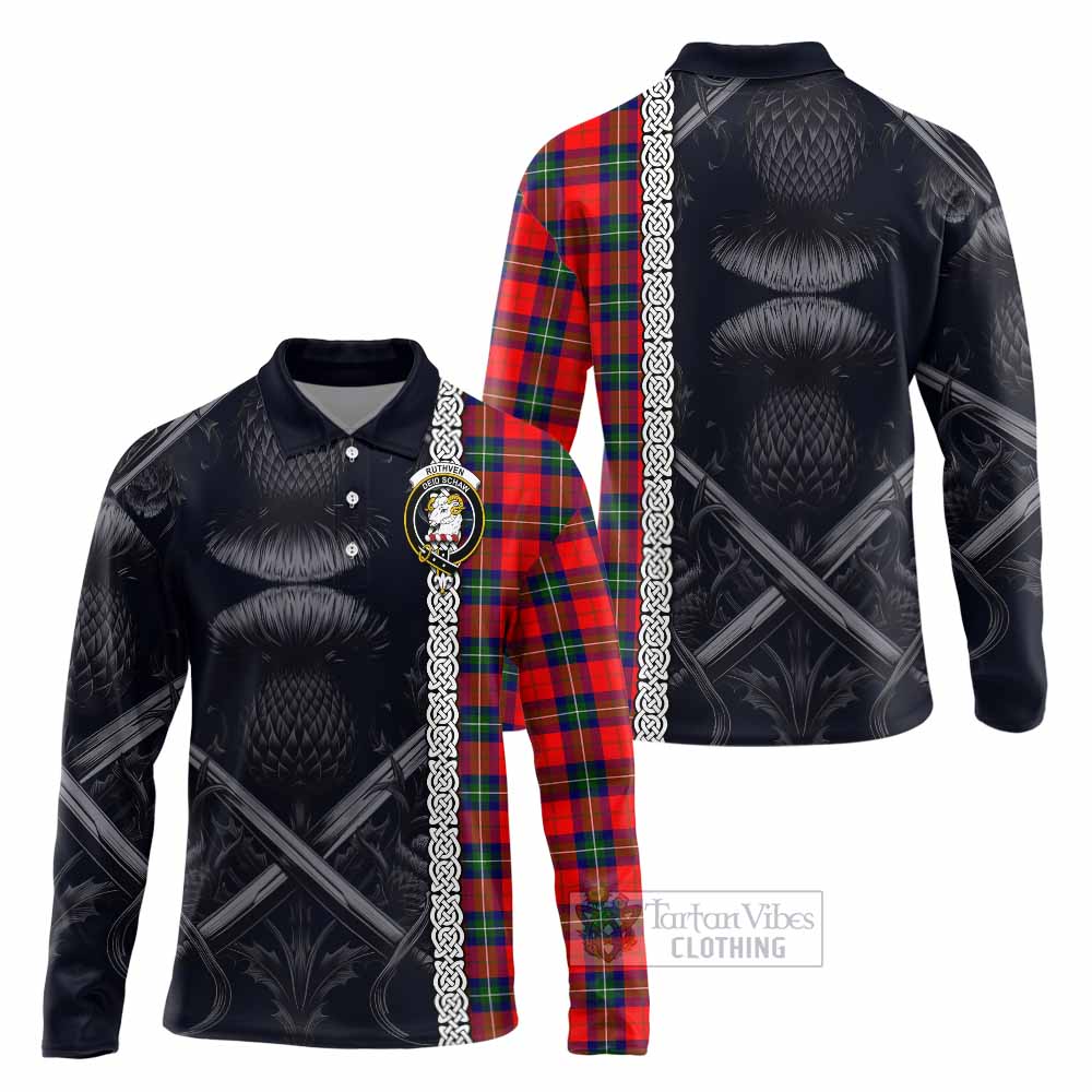 Ruthven Tartan Long Sleeve Polo Shirt with Family Crest Cross Sword Thistle Celtic Vibes - Tartan Vibes Clothing