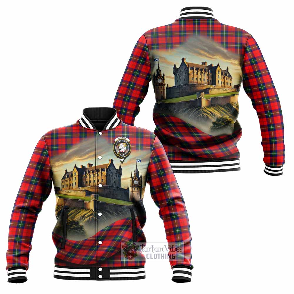 Ruthven Tartan Family Crest Baseball Jacket with Scottish Ancient Castle Style - Tartan Vibes Clothing