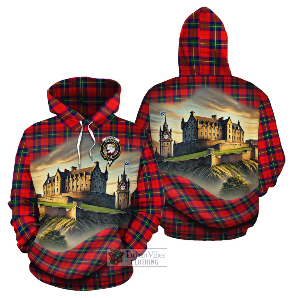 Ruthven Tartan Family Crest Cotton Hoodie with Scottish Ancient Castle Style - Tartan Vibes Clothing