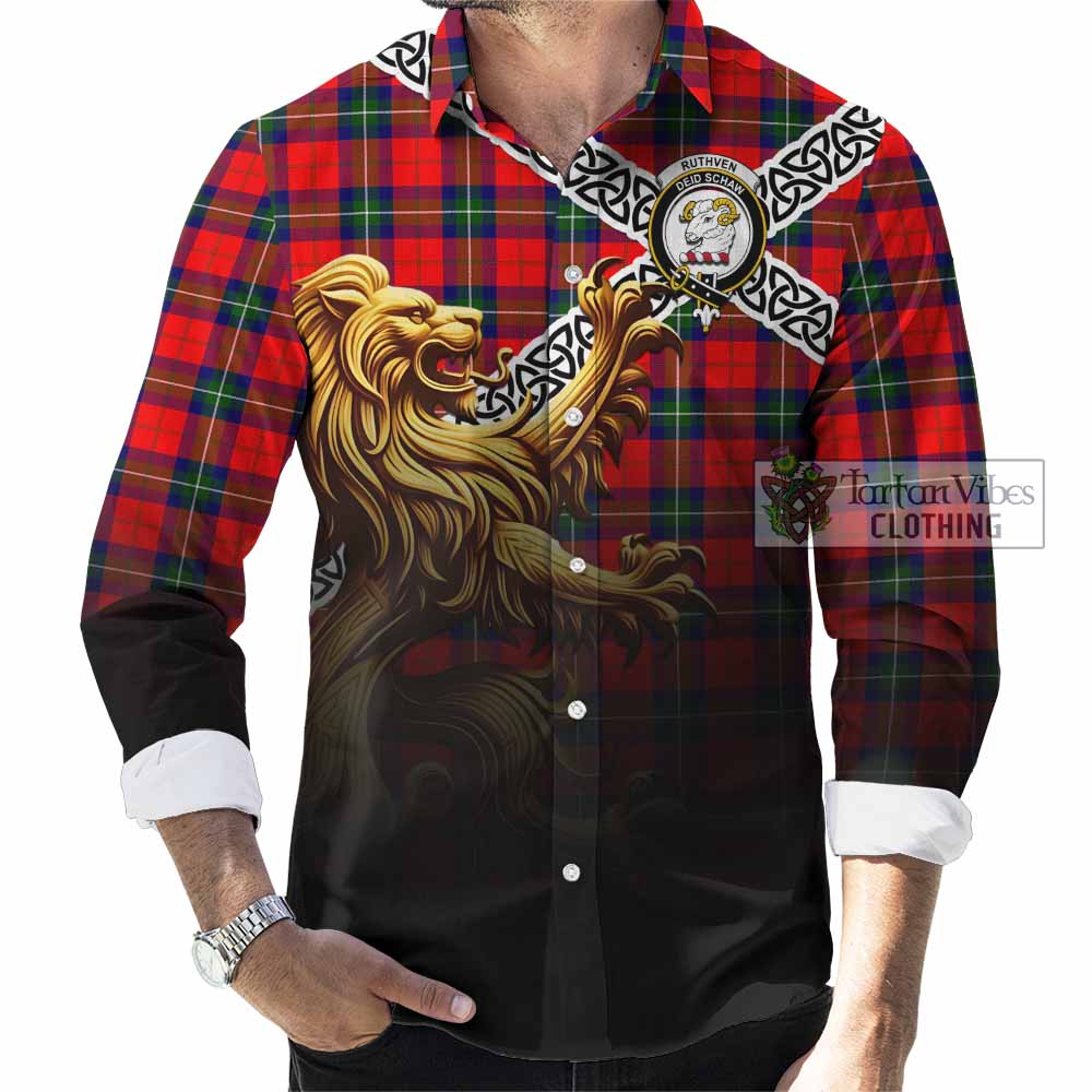 Ruthven Crest Tartan Long Sleeve Button Shirt with Golden Lion Emblem Celtic Style - Tartan Vibes Clothing