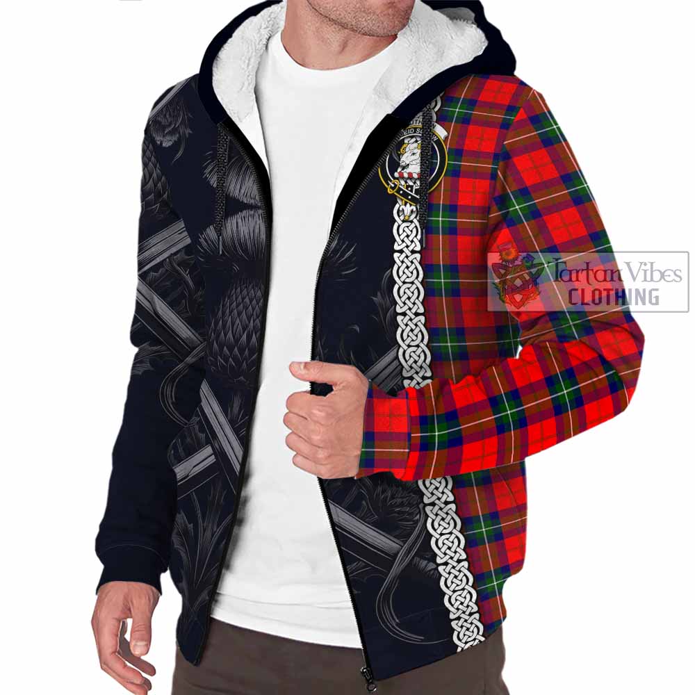 Ruthven Tartan Sherpa Hoodie with Family Crest Cross Sword Thistle Celtic Vibes - Tartan Vibes Clothing