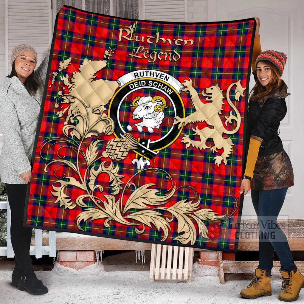 Tartan Vibes Clothing Ruthven Tartan Quilt with Family Crest and Scottish Symbol Style