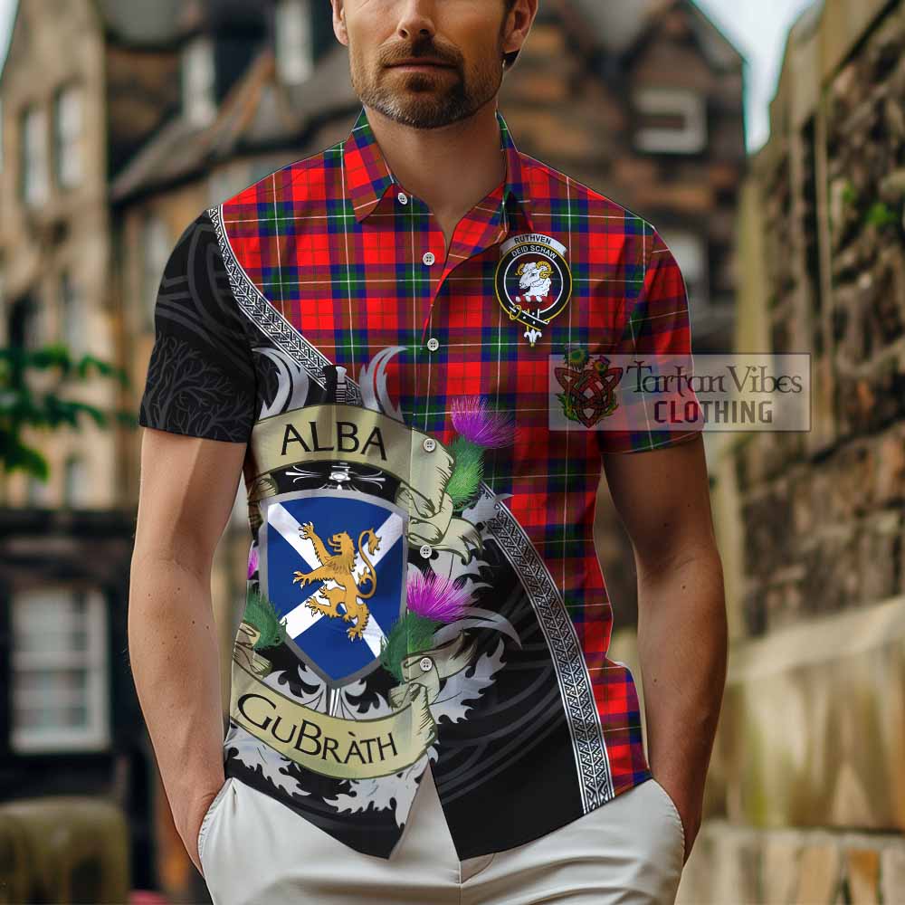 Ruthven Tartan Family Crest Hawaiian Shirt Lion Rampant Royal Thistle Shield Celtic Inspired - Tartan Vibes Clothing